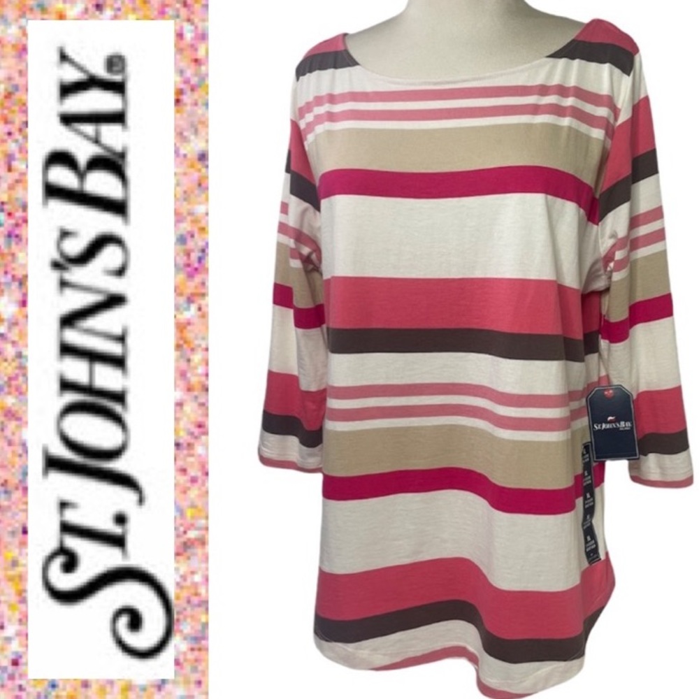 St Johns Bay 3/4 Sleeve Shirt Multicolor Neutral Coral Tan Brown Stripes Size XL